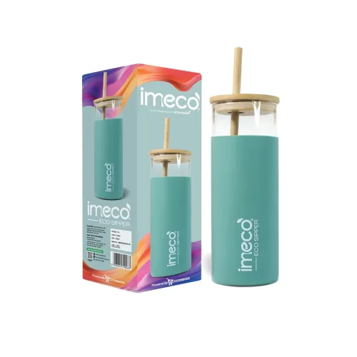 Image of IMECO ECO Sipper Glass Bottle with Bamboo Lid & Straw 450ml | Borosilicate Glass Tumbler | Leakproof & BPA-Free | Reusab