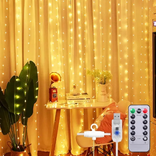 Image of IMNISHNAY Warm White Curtain Fairy Lights with Remote & USB | Decorative LED String Lights for Home, Bedroom, Diwali, Ch