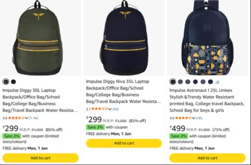 Image of Impulse Backpacks upto 85% Discount 
