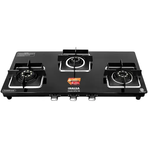 Image of INALSA Premium Slim Gas Stove 3 burners Glasstop ≈77cm | 6Yr Warranty on Glass & 2Yr on Burner | 8mm Toughened Glass | C