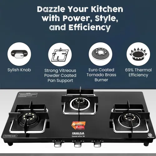 Image of INALSA Premium Slim Gas Stove 3 burners Glasstop ≈77cm|6Yr Warranty on Glass & 2Yr on Burner| 8mm Toughened Glass| 