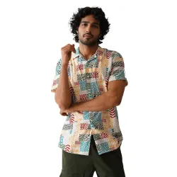 Indian Needle Printed Cuban Collar Casual Shirt 