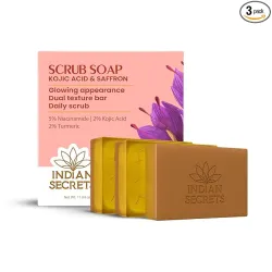 INDIAN SECRETS Kojic Acid & Saffron Scrub Soap Bar (Pack of 3, 110g each)