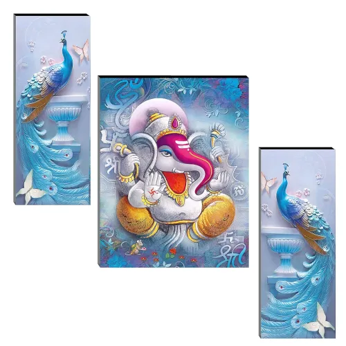 Image of Indianara Set of 3 Ganesha with Peacocks MDF Art Painting