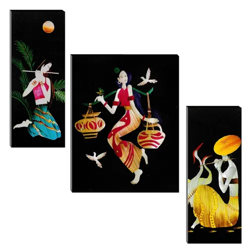 Image of Indianara Set of 3 Modern MDF Art Painting (865 FL) 4.5x12, 9x12 IN