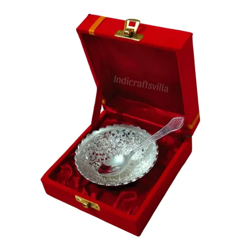 Image of INDICRAFTSVILLA German Silver Decorative Bowl & Spoon Set