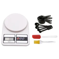 Inditradition Combo Pack - Electronic Digital Kitchen Weighing Scale 10kg, 8 Piece Measuring Cup & Spoon Set, Silicone Brush & Spatula Set, White