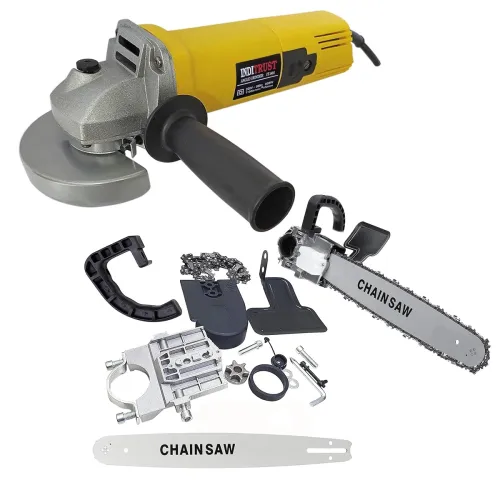Image of Inditrust Metal 2-in-1 801 Professional Angle Grinder (Yellow) with 11.5 Inch Electric Chainsaw Stand Bracket Set (Black