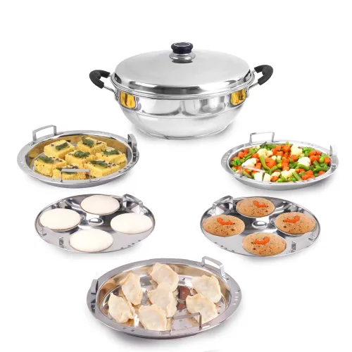 Image of The Indus Valley Stainless Steel Idli Maker /Momo Maker /Multi Kadai /Steamer Set | Small, 5 Plates, 2 Idli | 2 Dhokla |