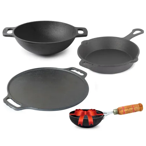 Image of The Indus Valley Pre-Seasoned Cast Iron Cookware Set+ Free Tadka Pan|Tawa (30.5 Cm)+ Kadai (25.4 Cm/2.3L)+ Fry Pan (23 C