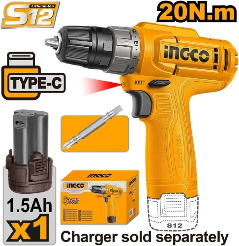 Image of INGCO Cordless Drill 12V 20Nm, with a 1.5Ah Battery, Cordless Drill (10 mm Chuck Size)