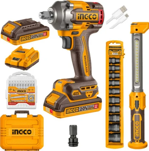 Image of INGCO 20V Cordless Brushless Impact Wrench 405Nm with 2.0Ah Batteries, Combo Kit Cordless Impact Wrench (1/2 inch)