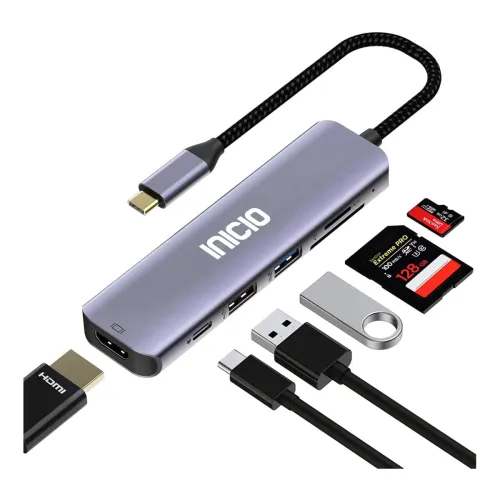 Image of INICIO 6 in 1 USB C Multi Port Hub with 4K 30Hz HDMI Reader for MacBook 