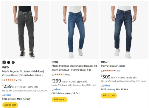 Image of INKD Men's Jeans Starting @ ₹259