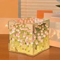 inulec ABS Tulip Night Light, Handmade DIY Cube Mirror Light with 20 Flowers, Tulip Flower Table Lamp & Mirror 2-in-1 for Decoration, Birthday Gifts for Women and Girl, Multicolor, LED