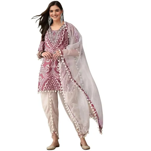 Image of ishin Women Fushia Cotton Blend 3Pcs Kurta Set
