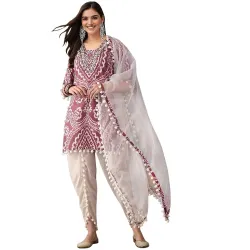 ishin Women Fushia Cotton Blend 3Pcs Kurta Set