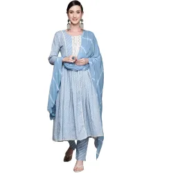ishin Womens Blue Embroidered Anarkali Kurta set with Trouser & Dupatta