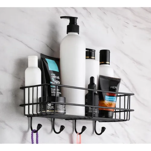Image of iSTAR GI Steel Self-Adhesive Bathroom Shelf With Hooks