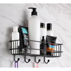 iSTAR GI Steel Self-Adhesive Multipurpose Bathroom Shelf with Hooks/Towel Holder/Rack/Bathroom Accessories-Wall Mount - (Black,Powder Coated) (Pack of 1)