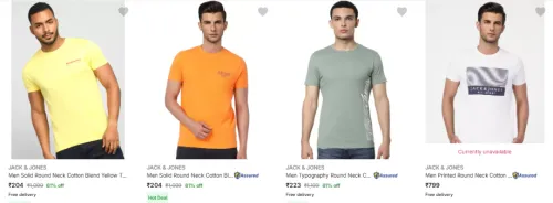Image of JACK & JONES Men Solid Cotton T-Shirt at Minimum 80% Discount 