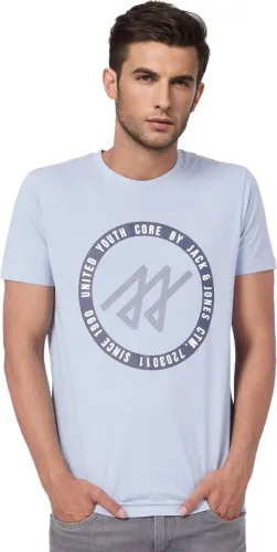 Image of JACK & JONES Men Typography Round Neck Cotton Blend Blue T-Shirt