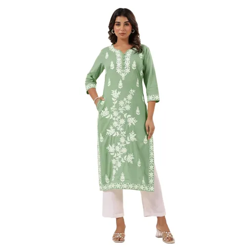 Image of Janasya Women's Light Blue Pure Cotton Embroidered Straight Kurta