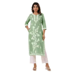 Janasya Womens Light Blue Pure Cotton Embroidered Straight Kurta