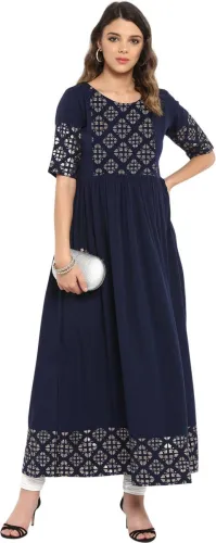 Image of Janasya  Women Printed Crepe Flared Kurta