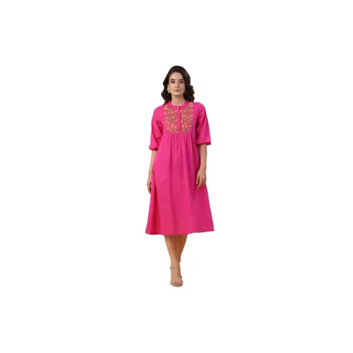 Image of Janasya Women's Fit and Flare Calf Length Embroidered Pleated Dress