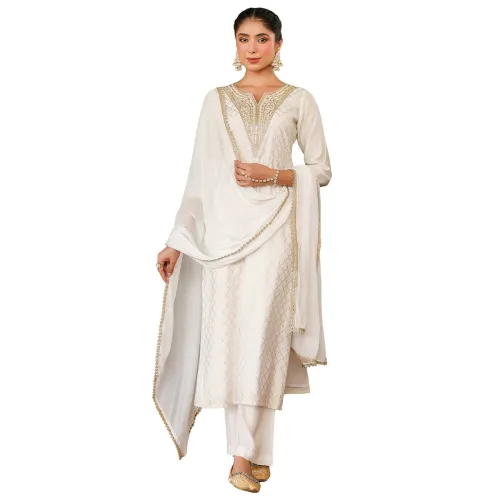 Image of Janasya Women's Off White Chanderi Kurta Set