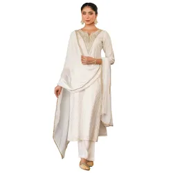Janasya Womens Off White Chanderi Kurta Set