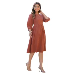 Janasya Womens Rust Orange Pure Cotton Solid Fit & Flare Dress