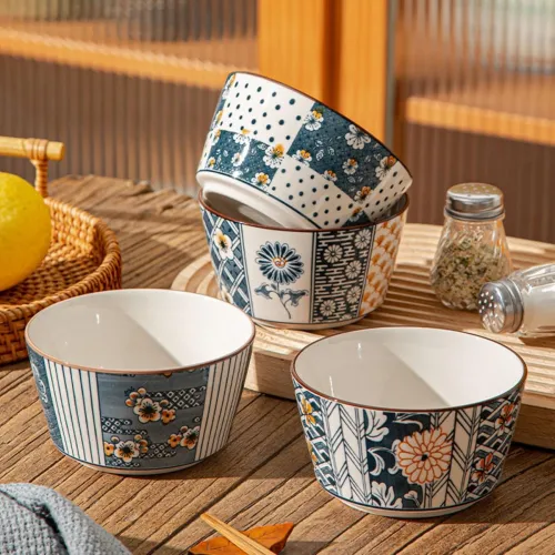 Image of Japanese Style Ceramic Snack Bowls-400ml, Handcrafted Floral & Geometric Patterns, Set of 4, (Random)