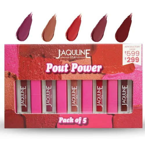 Image of JAQULINE USA Pout Power Set of 5 Liquid Matte Lipstick | Waterproof | Smudge Proof | 
