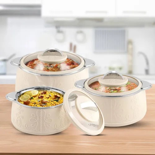 Image of JAYPEE Fabrene Inner Steel Toughened Glass Lid Chapati Biryani Box Serve Casserole Set Pack of 3 Thermoware Casserole Se