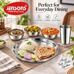 Jensons Stainless Steel Dinner Set 5 Pcs | 1 Dinner Plate, 3 Bowls & 1 Tumbler