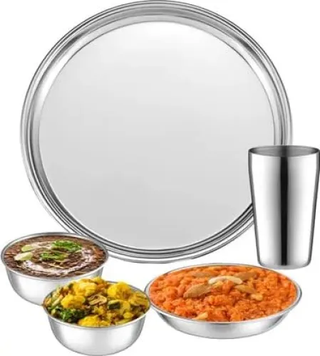 Image of Jensons Stainless Steel Dinner Set 5 Pcs | 1 Dinner Plate, 3 Bowls & 1 Tumbler 