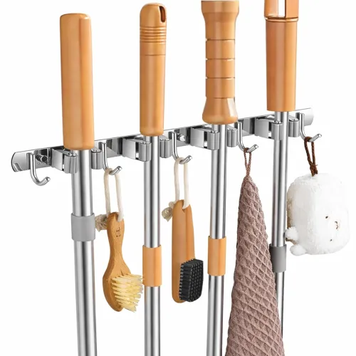 Image of JIALTO Adhesive Broom and Mop Organizer with 4 Slots and 5 Hooks