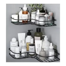 JIALTO 2 Pcs Self-Adhesive Bathroom Accessories Storage Rack- No Drilling Wall Mounted Storage Organizer Corner for Bathroom Shelves (Black)