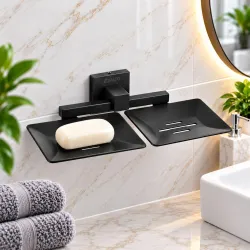 JIALTO Wall Mount Double Soap Dish for Bathroom & Kitchen – Matte Black Metal Soap Holder with Drain Holes, Rustproof & Durable Shower Organizer Rack for Home, Wash Basin, Sink & Washroom Us...
