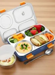 J K INTERNATIONAL Students Sealed Leakage Proof Stainless Steel with Spoon 4 Containers Stainless Steel, Polypropylene School Lunch Box (1000 ml)