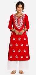 JKFashionsss Women Chikan Embroidery Cotton Rayon Straight Kurta