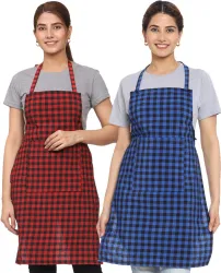 JMI Cotton Chefs Apron - Free Size (Dark Blue, Red, Black, Pack of 2)