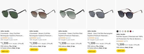 Image of John Jacobs Men's Sunglasses at minimum 70% Off