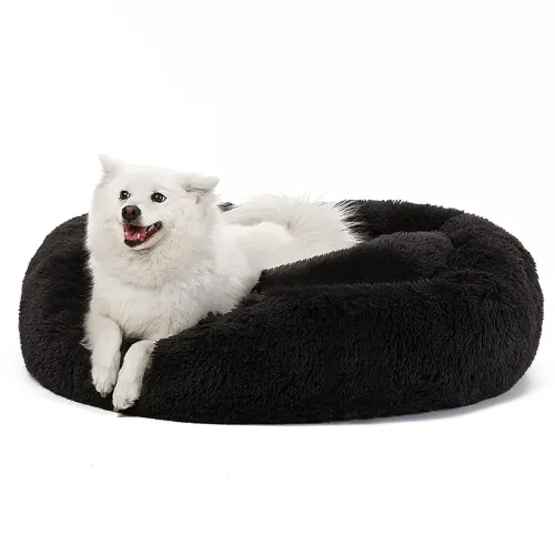 Image of JOLLYVOGUE Black Calming Donut Dog Bed, Anti-Anxiety Washable Round Bed, Fluffy Dog Cuddler Bed, 