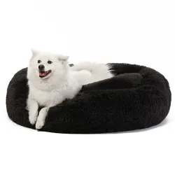 JOLLYVOGUE Black Calming Donut Dog Bed, Anti-Anxiety Washable Round Bed, Fluffy Dog Cuddler Bed, 