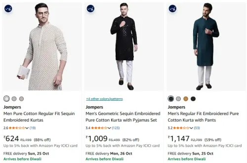 Image of Jompers Embroidered Cotton Kurtas for Men at minimum 88% Discount
