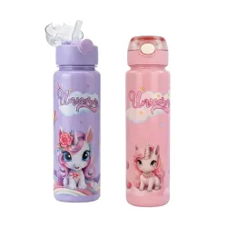 JOUET Unicorn Kids Water Bottle 900ml BPA Free Plastic Sipper Bottle with Straw Flip Top Lid Leakproof for Girls Boys Travel Preschool, Purple & Pink - Set of 2