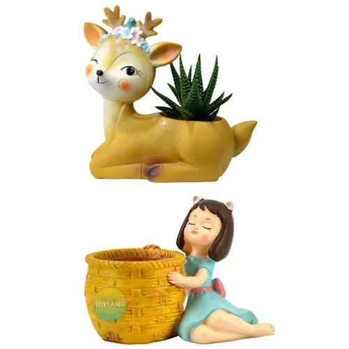 Image of JOYLAND Resin Deer and Basket Girl Planter Pot